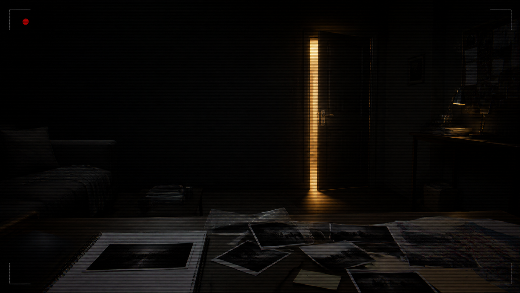 A dark investigation room with a partly open door and warm light